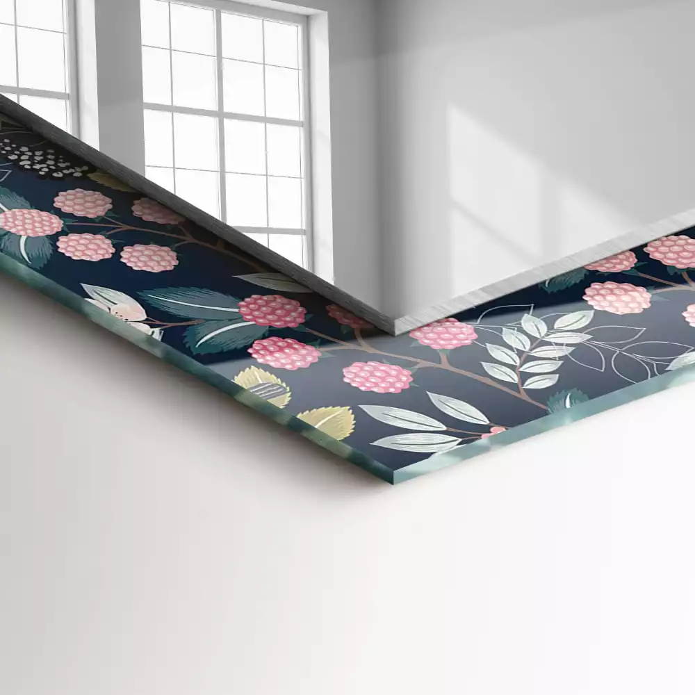 Oglindă dreptunghiulară cu ramă decorată cu imprimeu floral cu frunze și păsări