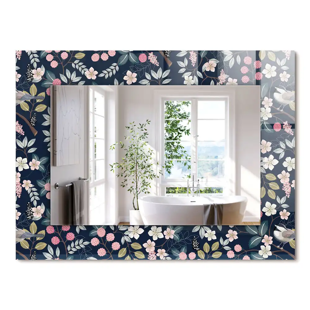 Oglindă dreptunghiulară cu ramă decorată cu imprimeu floral cu frunze și păsări