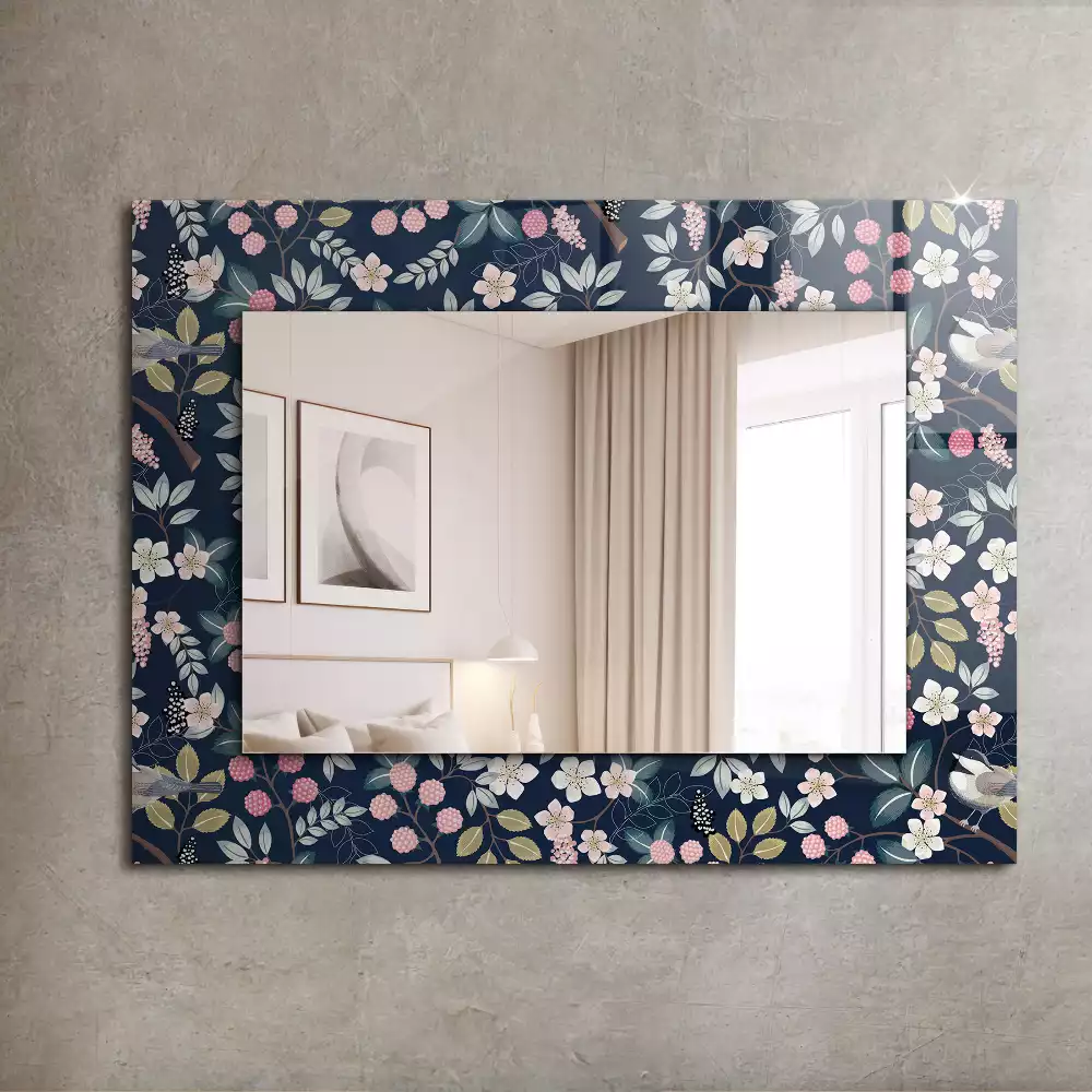 Oglindă dreptunghiulară cu ramă decorată cu imprimeu floral cu frunze și păsări