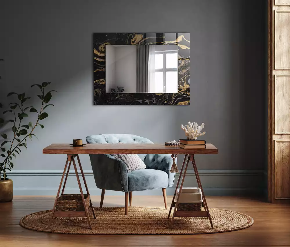 Oglindă dreptunghiulară cu decor abstract tip marmură