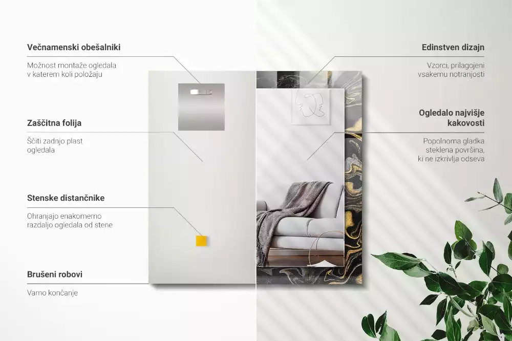 Oglindă dreptunghiulară cu decor abstract tip marmură