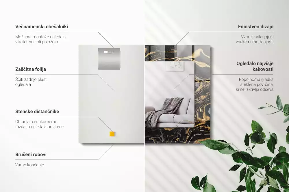 Oglindă dreptunghiulară cu decor abstract tip marmură