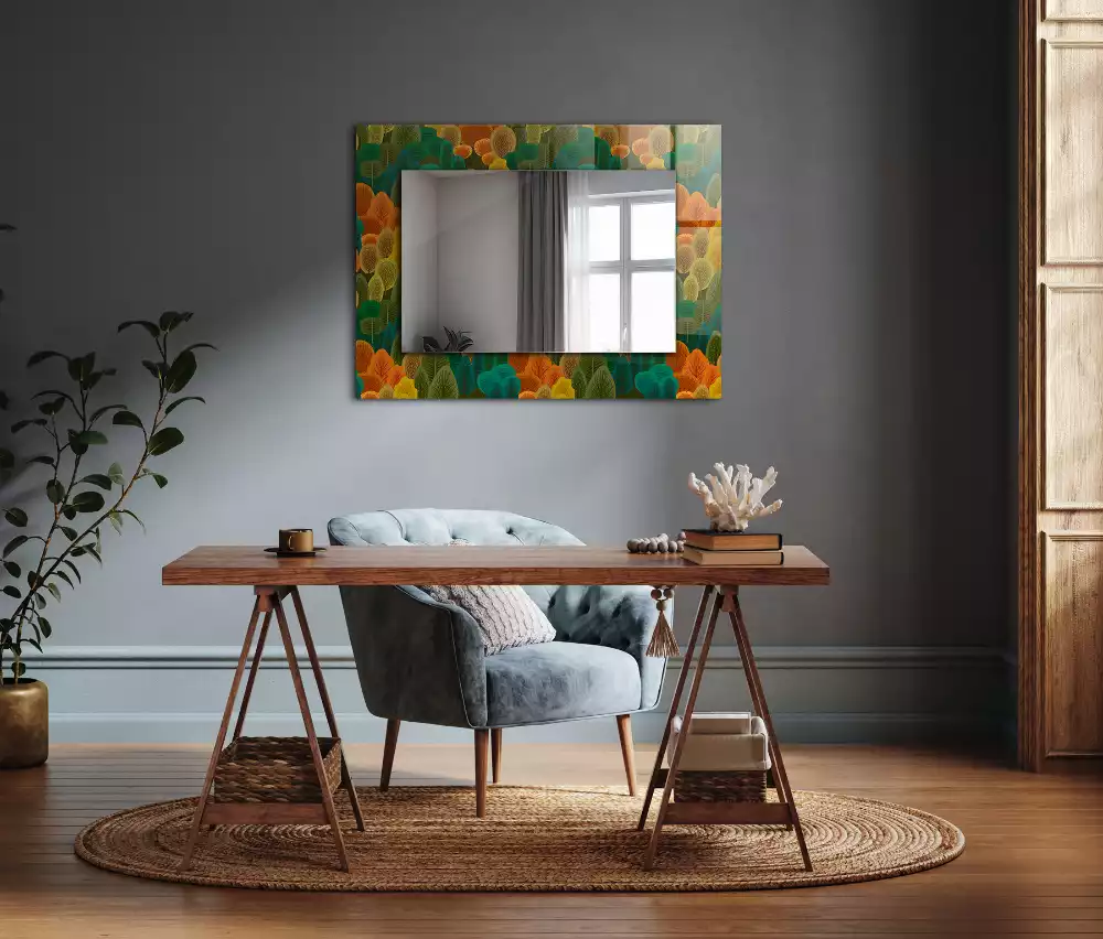 Oglindă decorativă dreptunghiulară cu model copaci de toamnă