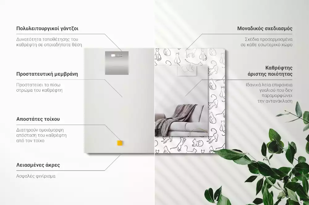 Oglindă dreptunghiulară cu ramă imprimată cu contururi de pisică