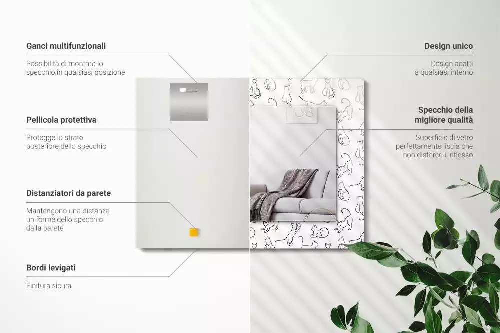 Oglindă dreptunghiulară cu ramă imprimată cu contururi de pisică