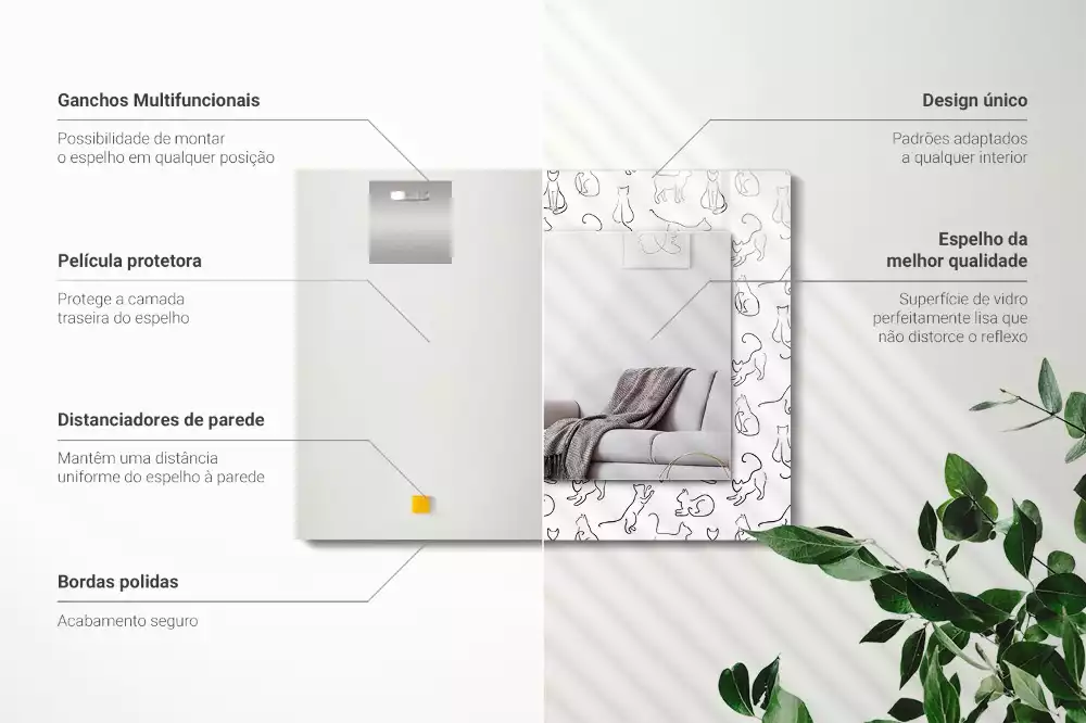 Oglindă dreptunghiulară cu ramă imprimată cu contururi de pisică