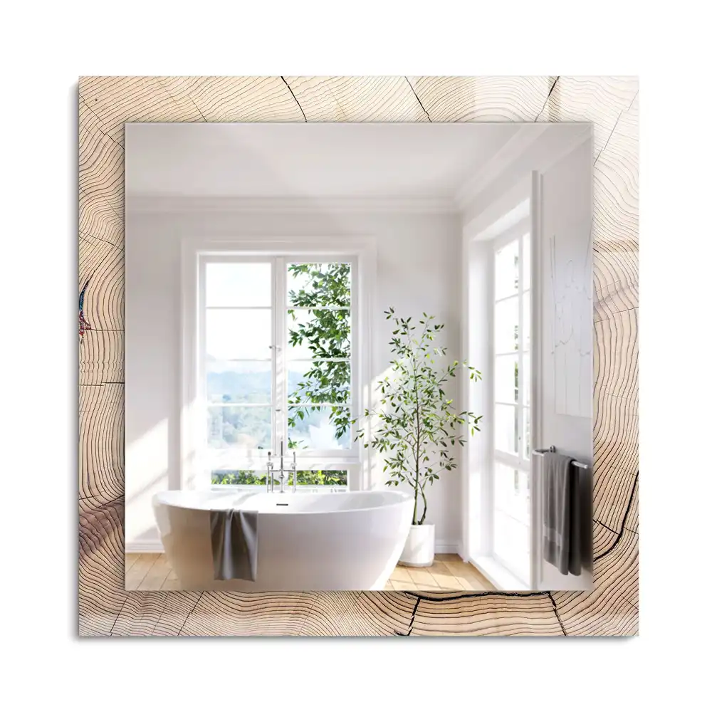 Oglindă decorativă cu ramă dreptunghiulară din secțiune de trunchi de copac