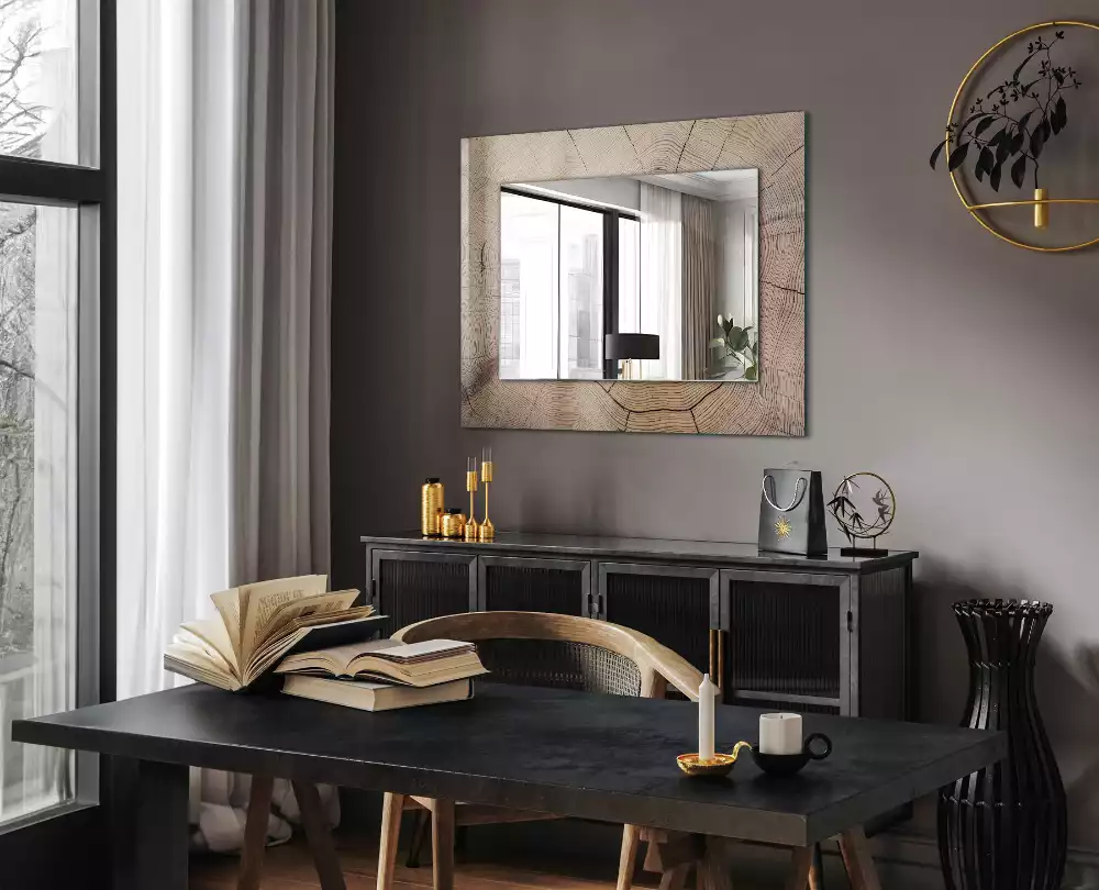 Oglindă decorativă cu ramă dreptunghiulară din secțiune de trunchi de copac