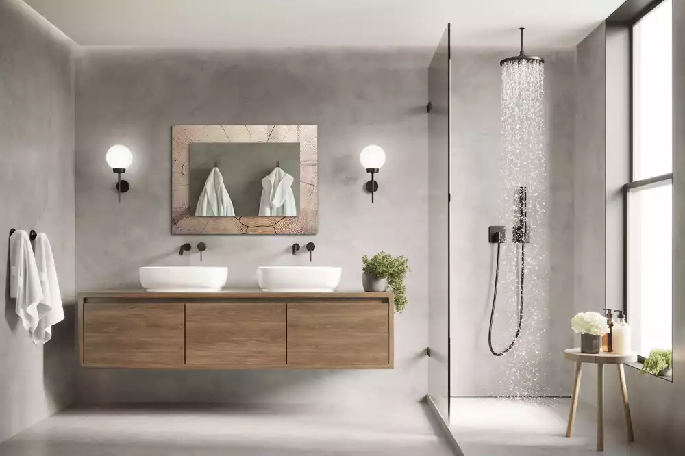 Oglindă decorativă cu ramă dreptunghiulară din secțiune de trunchi de copac