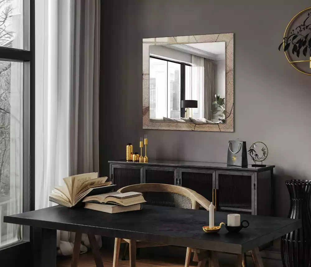 Oglindă decorativă cu ramă dreptunghiulară din secțiune de trunchi de copac