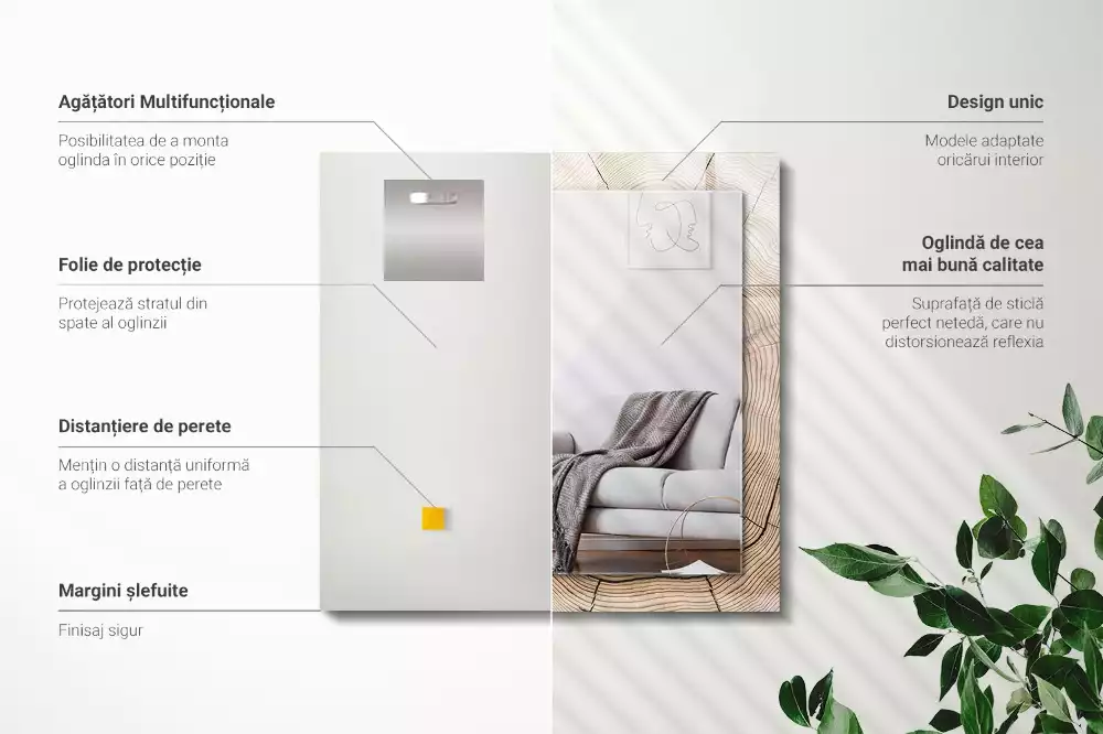 Oglindă decorativă cu ramă dreptunghiulară din secțiune de trunchi de copac