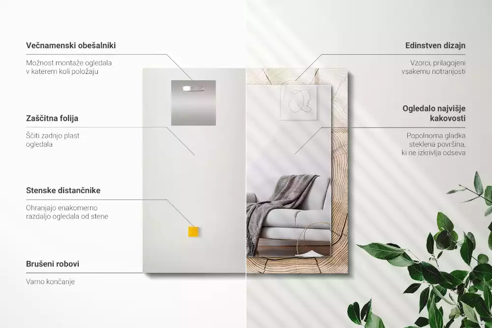 Oglindă decorativă cu ramă dreptunghiulară din secțiune de trunchi de copac