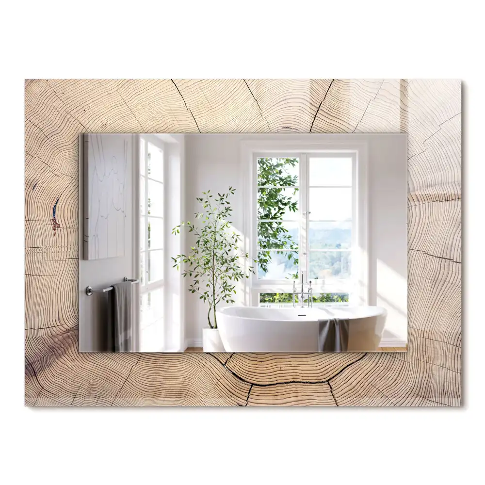 Oglindă decorativă cu ramă dreptunghiulară din secțiune de trunchi de copac