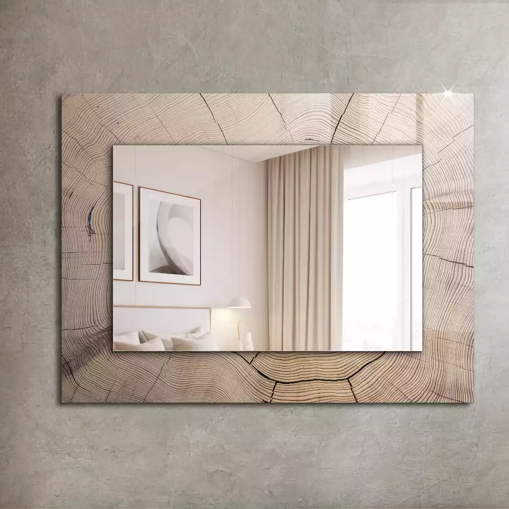 Oglindă decorativă cu ramă dreptunghiulară din secțiune de trunchi de copac