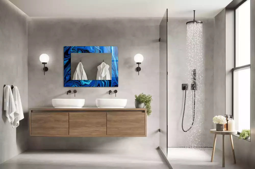 Oglindă dreptunghiulară de perete cu model abstract albastru