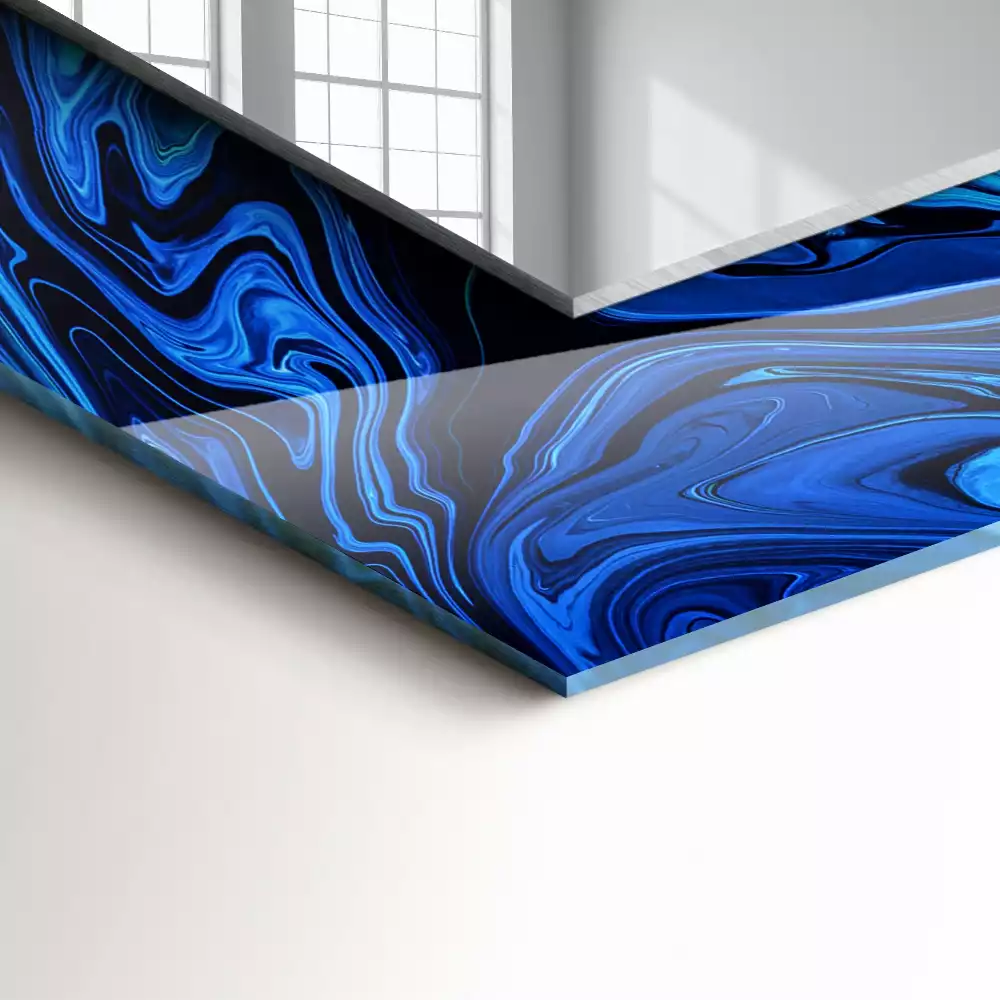 Oglindă dreptunghiulară de perete cu model abstract albastru