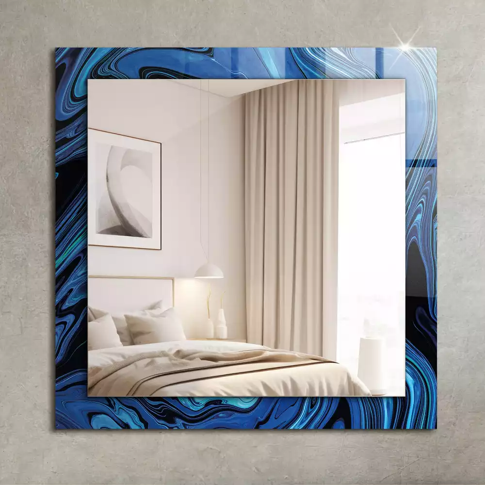 Oglindă dreptunghiulară de perete cu model abstract albastru