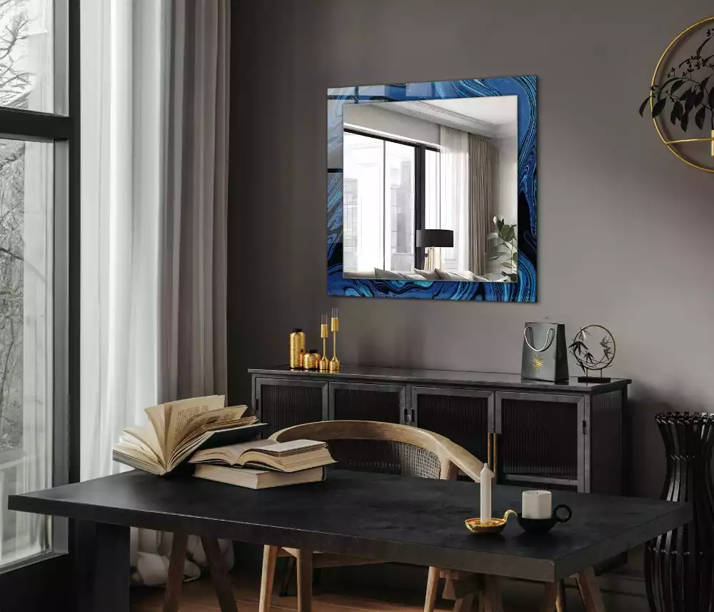 Oglindă dreptunghiulară de perete cu model abstract albastru