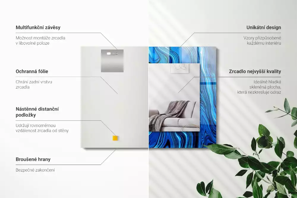Oglindă dreptunghiulară de perete cu model abstract albastru