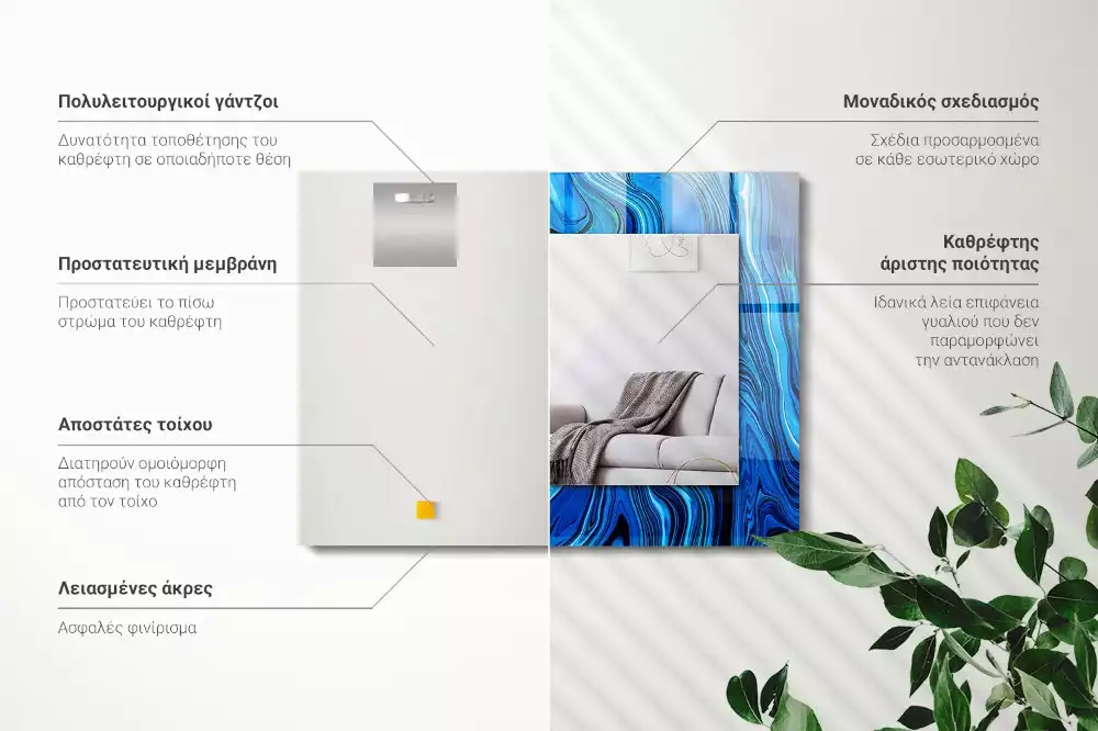 Oglindă dreptunghiulară de perete cu model abstract albastru