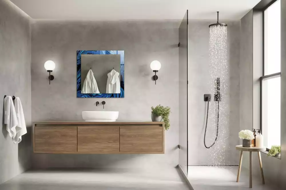 Oglindă dreptunghiulară de perete cu model abstract albastru
