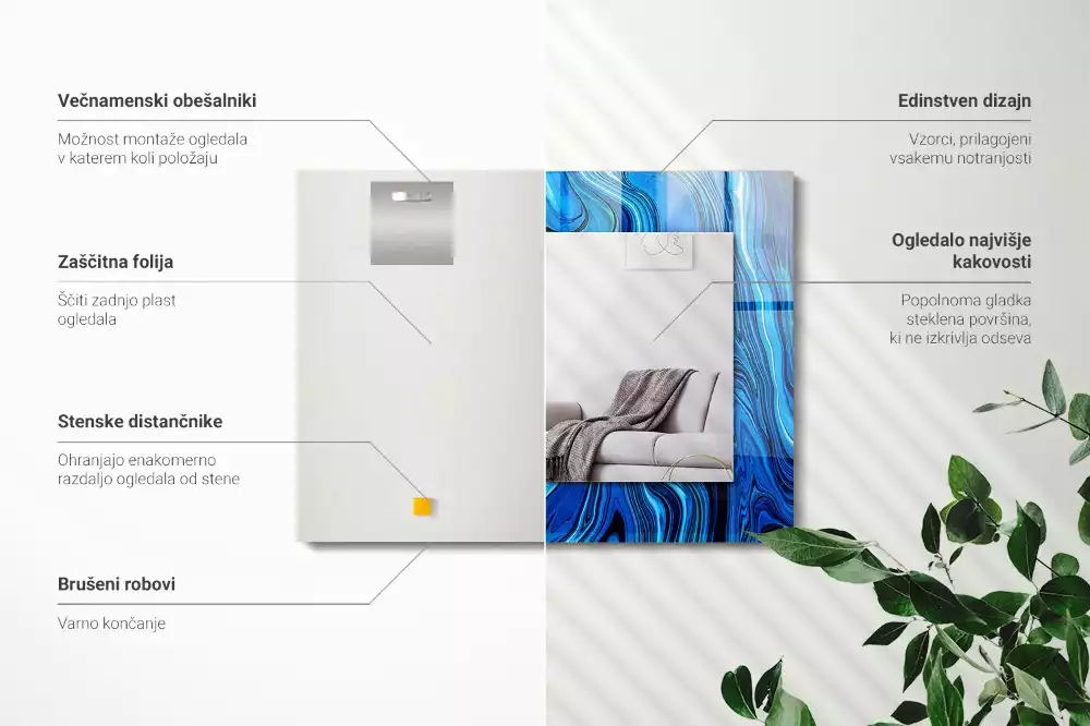Oglindă dreptunghiulară de perete cu model abstract albastru