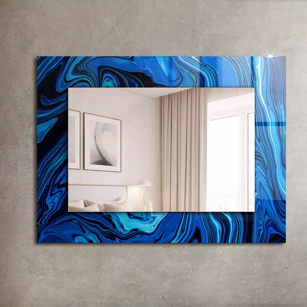 Oglindă dreptunghiulară de perete cu model abstract albastru