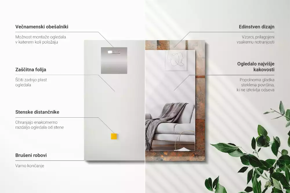 Oglindă dreptunghiulară cu ramă cu imprimeu metal ruginit