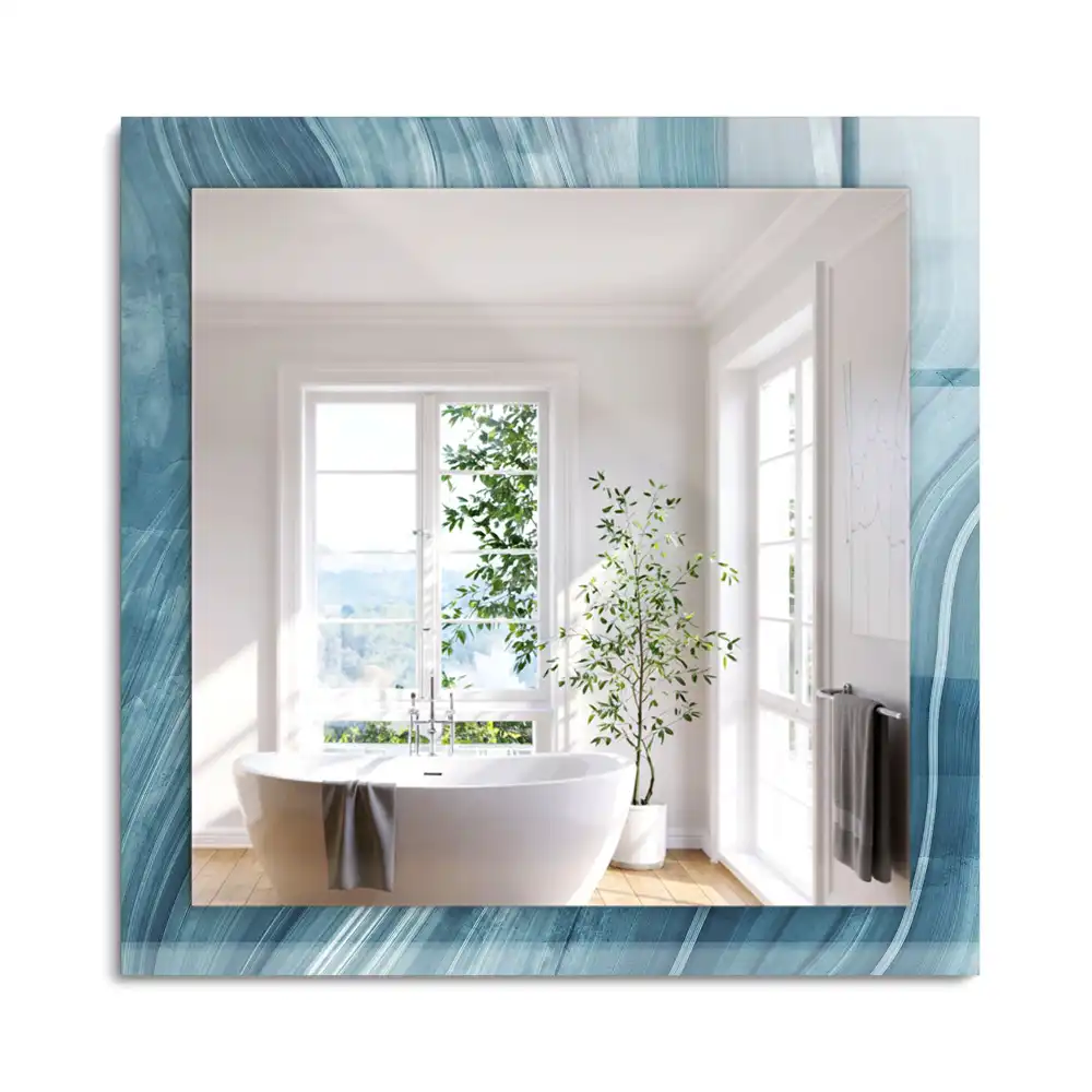 Oglindă dreptunghiulară cu decor abstract și linii albastre