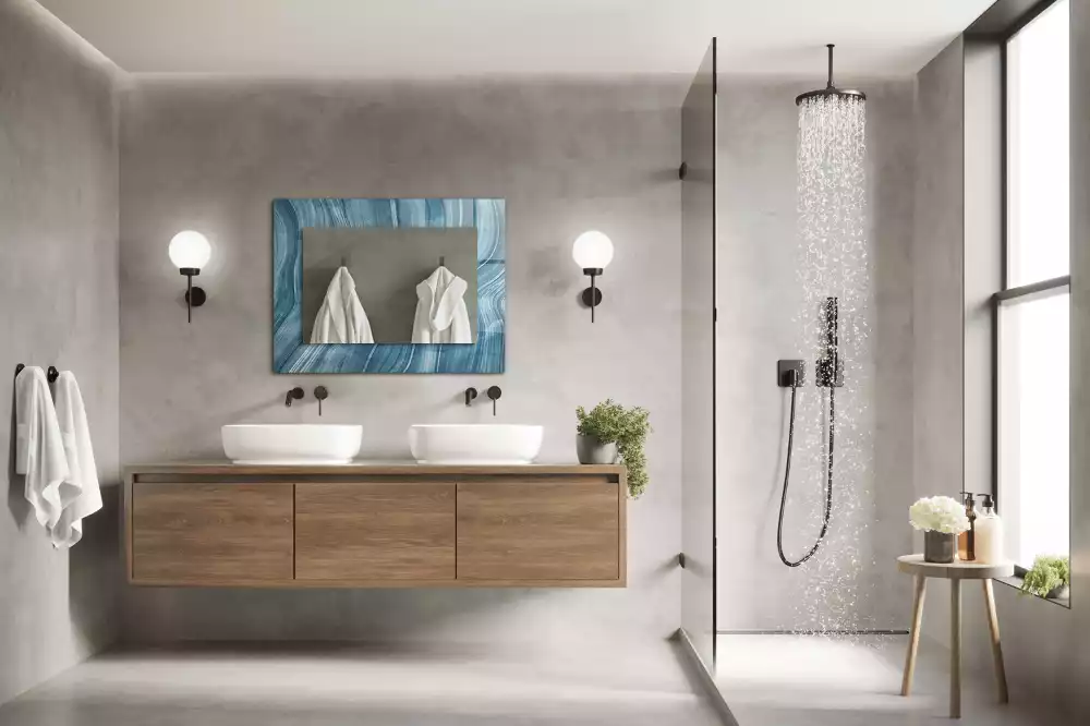 Oglindă dreptunghiulară cu decor abstract și linii albastre