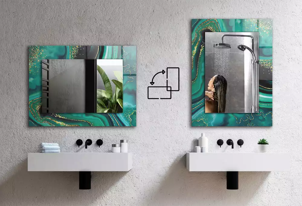 Oglindă dreptunghiulară cu decor abstract și linii albastre