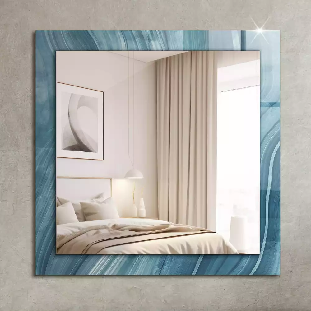 Oglindă dreptunghiulară cu decor abstract și linii albastre