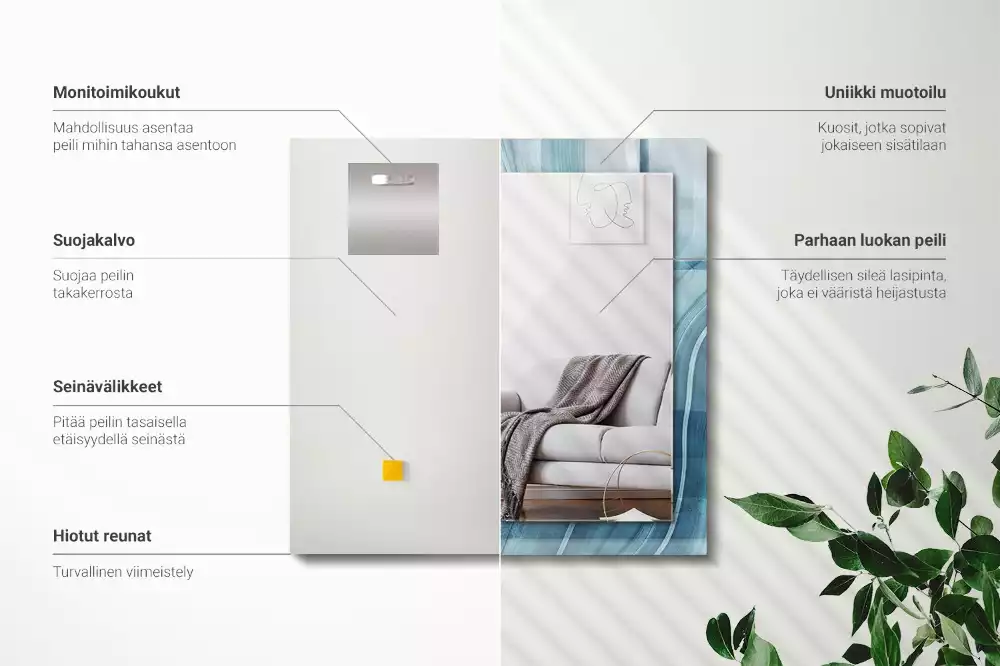 Oglindă dreptunghiulară cu decor abstract și linii albastre