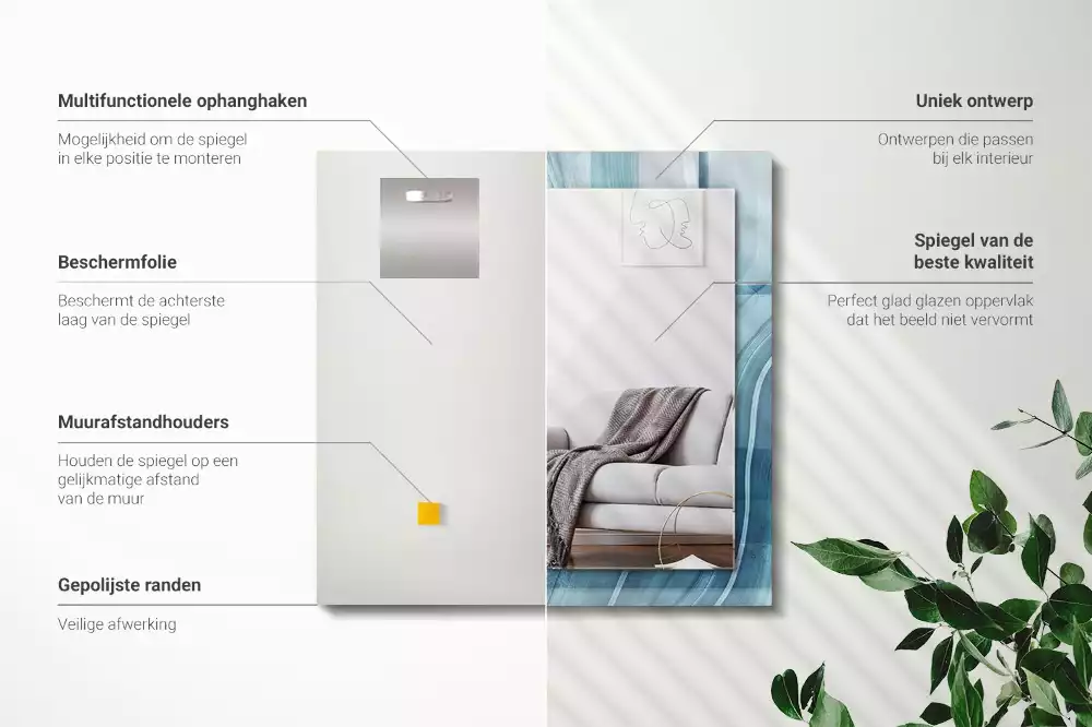 Oglindă dreptunghiulară cu decor abstract și linii albastre