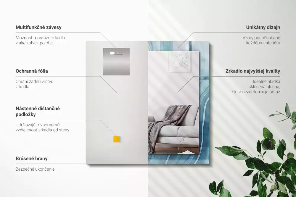 Oglindă dreptunghiulară cu decor abstract și linii albastre