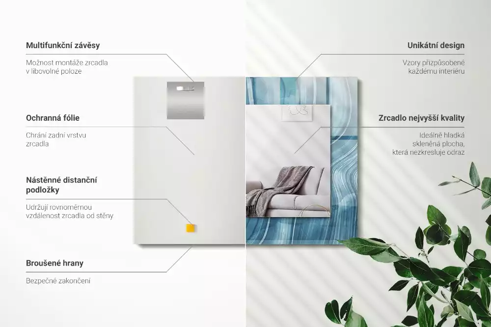 Oglindă dreptunghiulară cu decor abstract și linii albastre