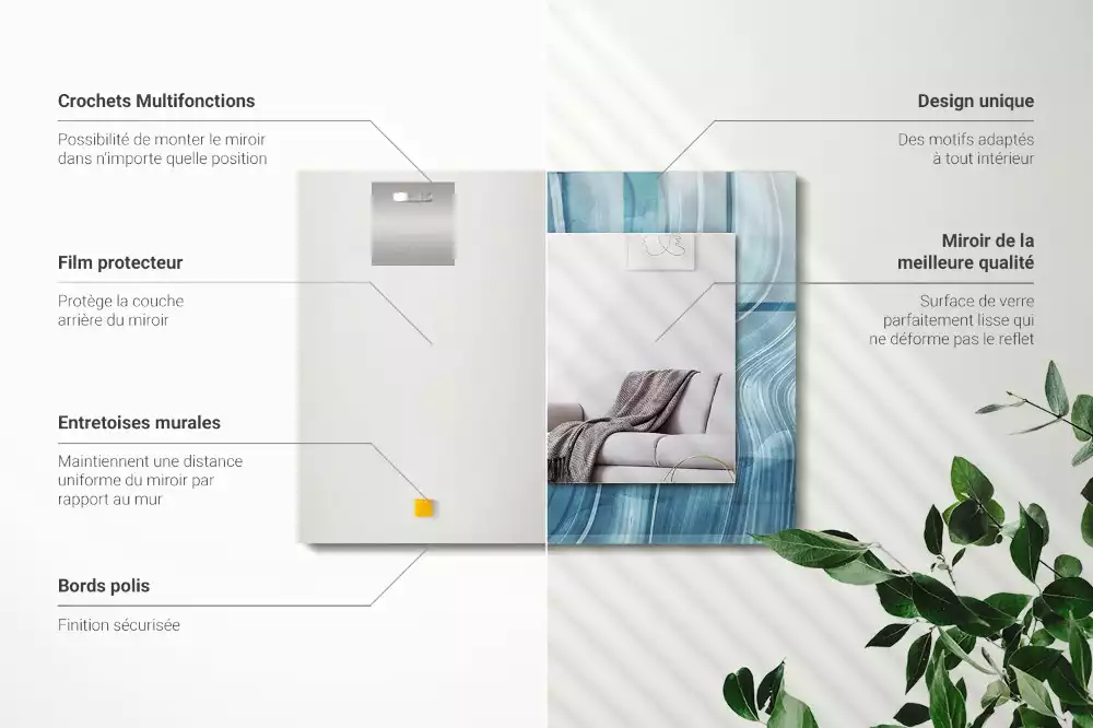 Oglindă dreptunghiulară cu decor abstract și linii albastre