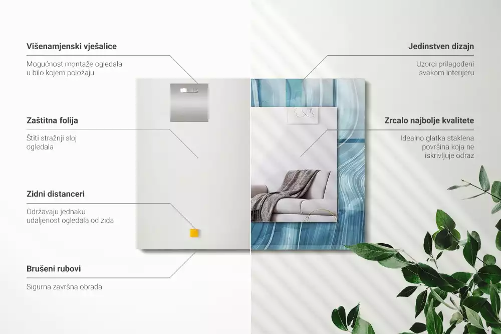 Oglindă dreptunghiulară cu decor abstract și linii albastre