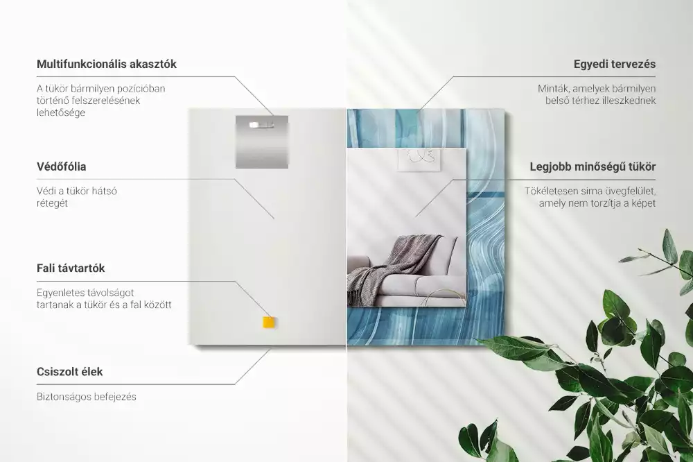 Oglindă dreptunghiulară cu decor abstract și linii albastre
