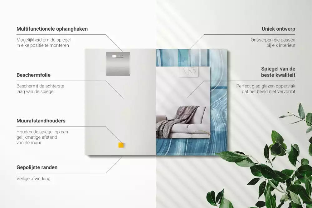 Oglindă dreptunghiulară cu decor abstract și linii albastre
