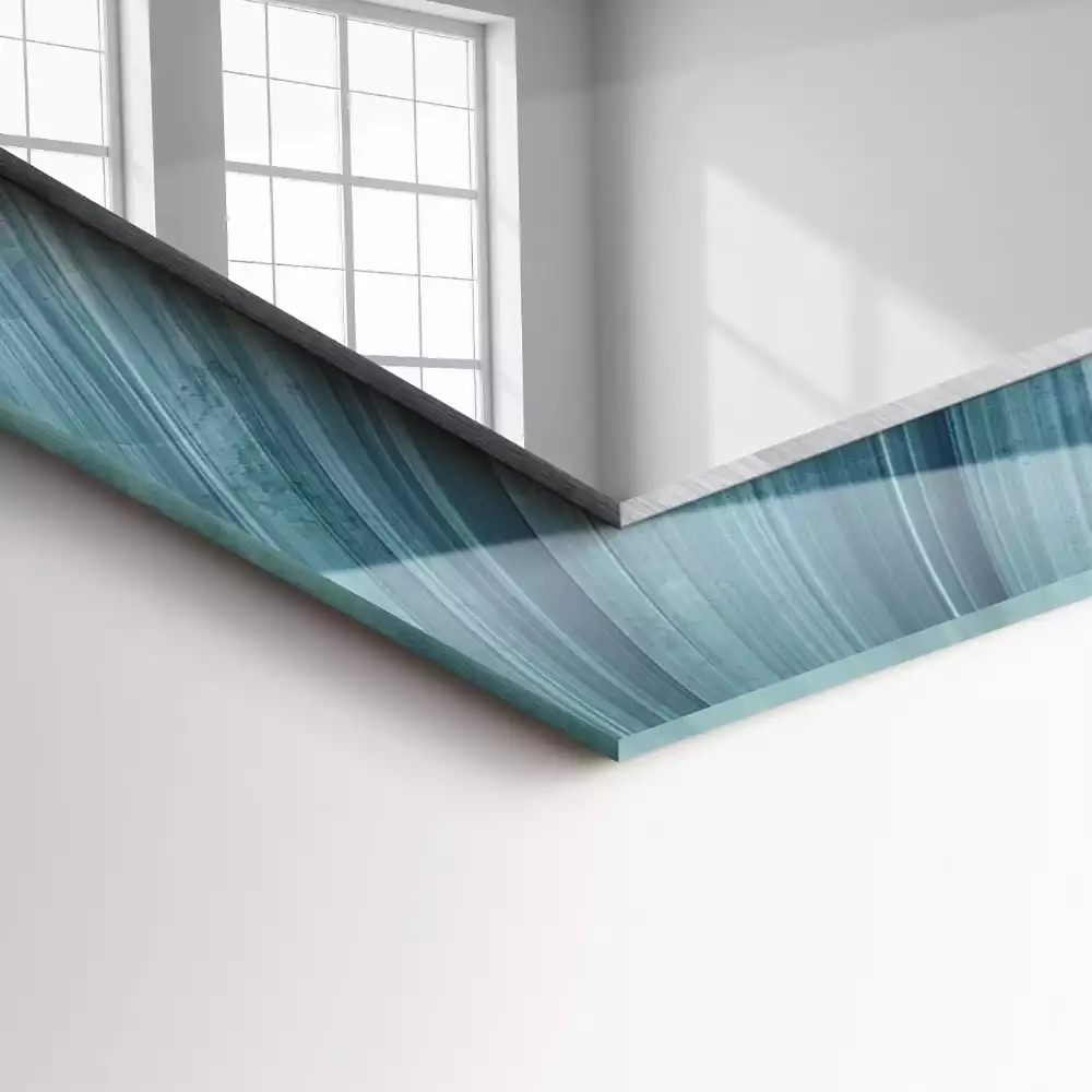 Oglindă dreptunghiulară cu decor abstract și linii albastre
