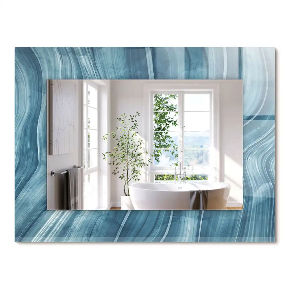 Oglindă dreptunghiulară cu decor abstract și linii albastre