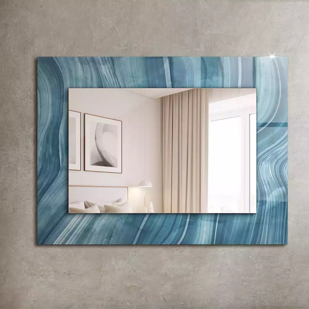 Oglindă dreptunghiulară cu decor abstract și linii albastre