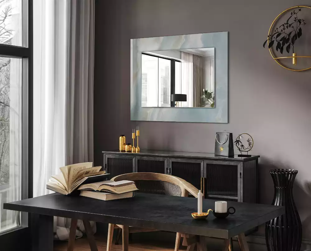 Oglindă dreptunghiulară pentru perete cu decor din marmură onix albastră