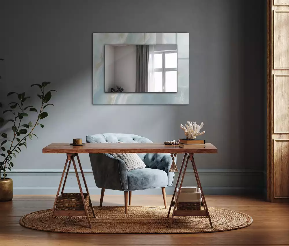 Oglindă dreptunghiulară pentru perete cu decor din marmură onix albastră