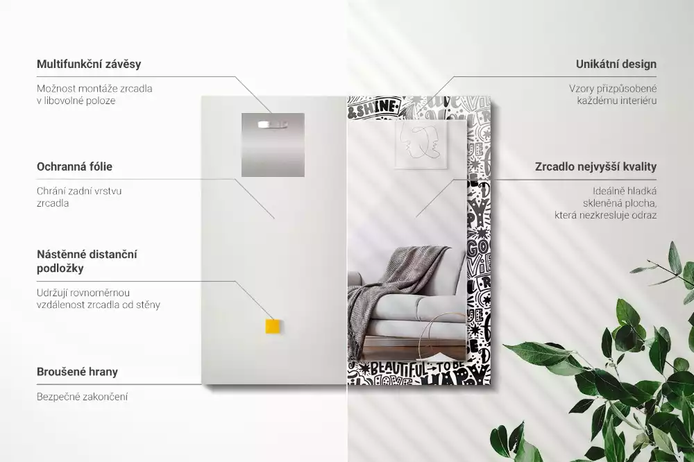 Oglindă dreptunghiulară decorativă cu inscripții motivaționale scrise de mână
