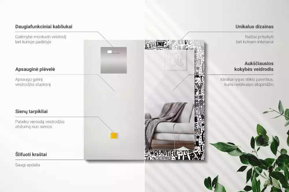 Oglindă dreptunghiulară decorativă cu inscripții motivaționale scrise de mână