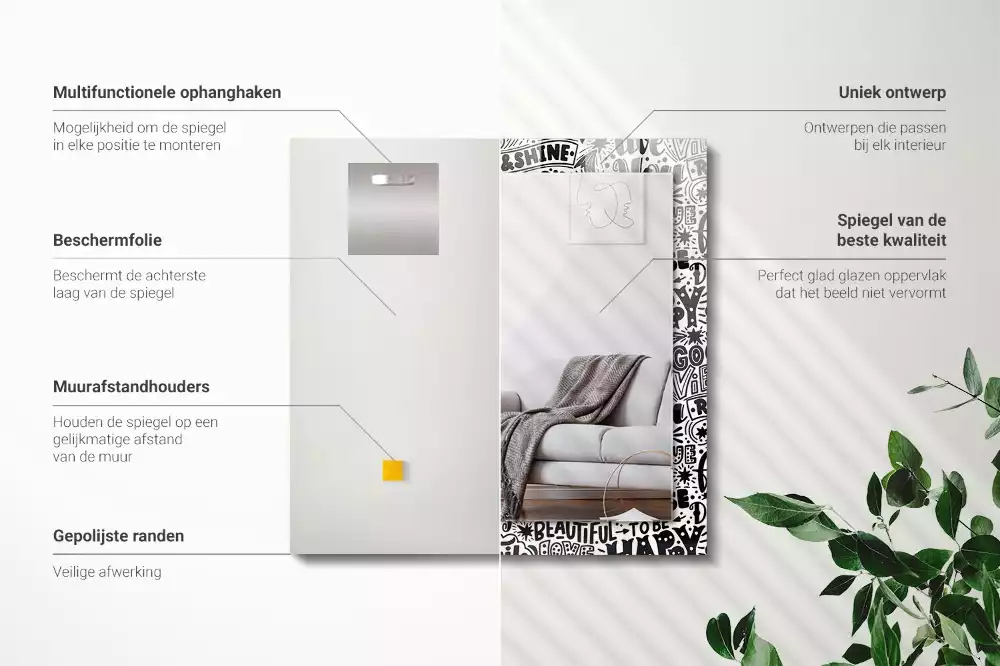 Oglindă dreptunghiulară decorativă cu inscripții motivaționale scrise de mână