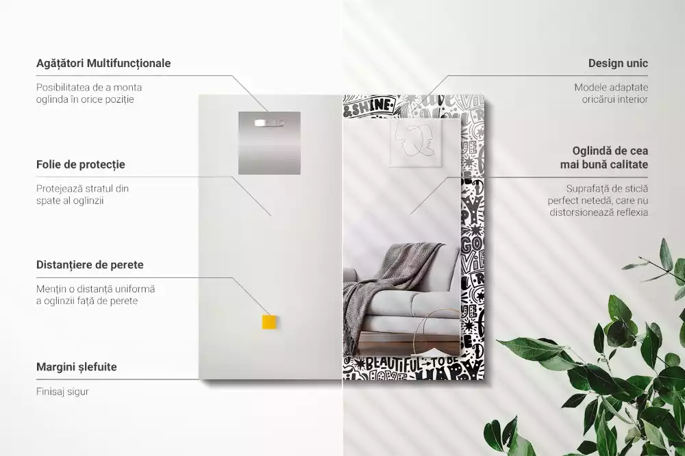 Oglindă dreptunghiulară decorativă cu inscripții motivaționale scrise de mână
