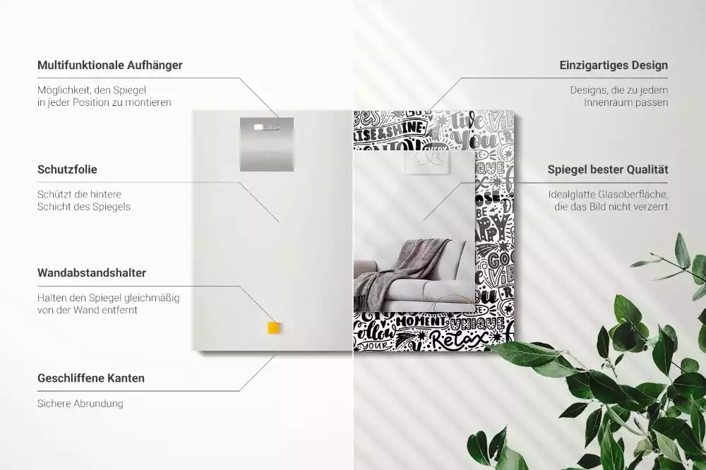 Oglindă dreptunghiulară decorativă cu inscripții motivaționale scrise de mână